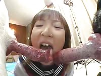 Daring Asian eighteen year old whore satisfying two dogs in this amateur bestiality video