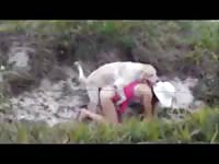 College girl gets horny during dog walk and sneaks off for zoophilia sex with her big mutt
