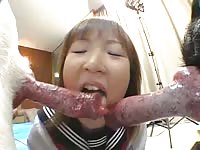 Cute asian girl loves knot so much she eats its cream