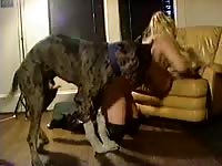 Athletic blonde with huge boobs is having fun with her black dog