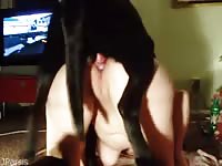 Big titted thick girl gets on her knees so her dog fucks her