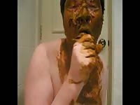Pervy Latin dude eating scat and rubbing it all over his face